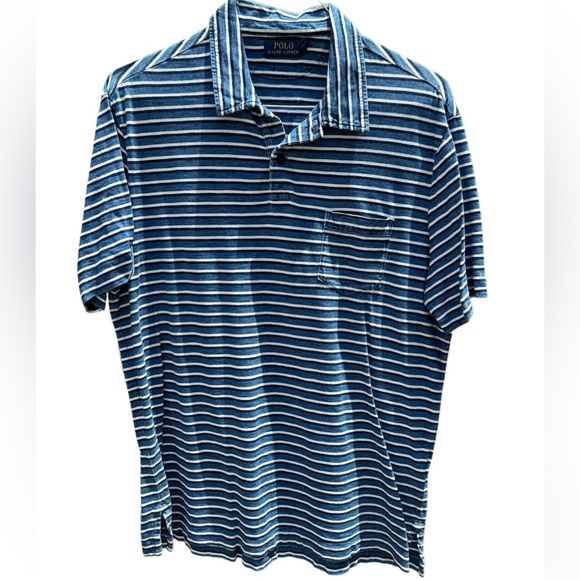 Vintage RALPH LAUREN Polo XL Shirt Anchor Logo Pocket Blue Stripe Short Sleeve - Picture 1 of 5
